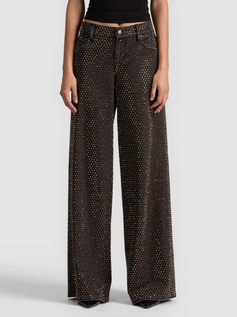 ALICE + OLIVIA Amazing Stud Black Crystal Embellished Baggy Wide Leg Jeans NWOT